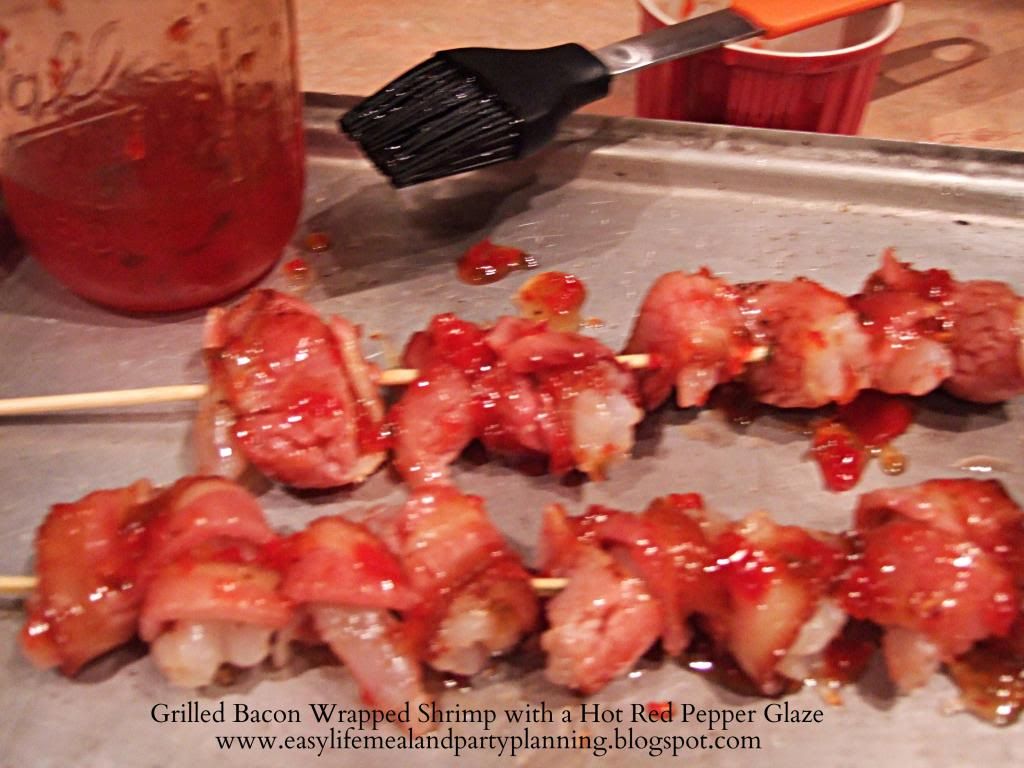 Grilled Bacon wrapped Shrimp with a Hot Red Pepper Glaze - Easy Life Meal & Party Planning