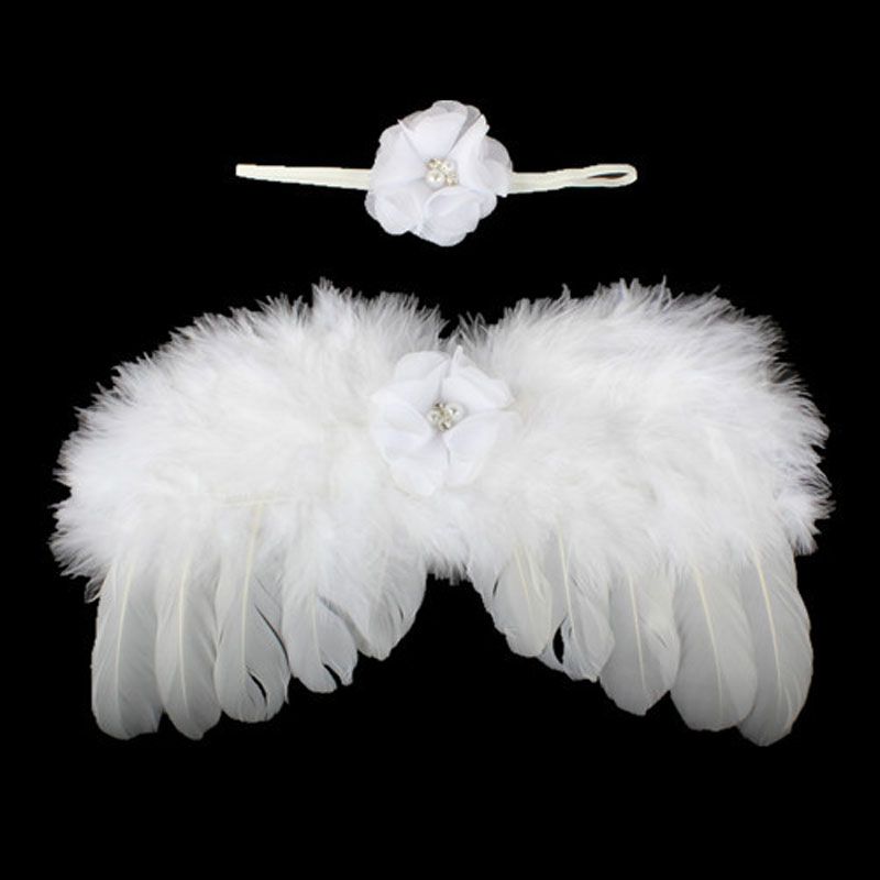 Newborn Baby Photo Prop Feather Angel Wings /& Headband with Rhinestone Flowers